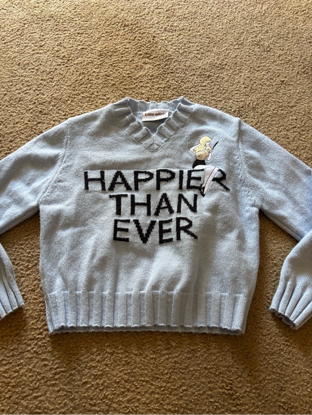 Billie Eilish - Happier Than Ever - Blue V-Neck Graphic Sweater - Size Small
